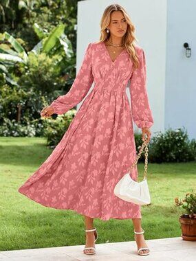 Womens Boho Floral Long Sleeve Maxi Dress V Neck